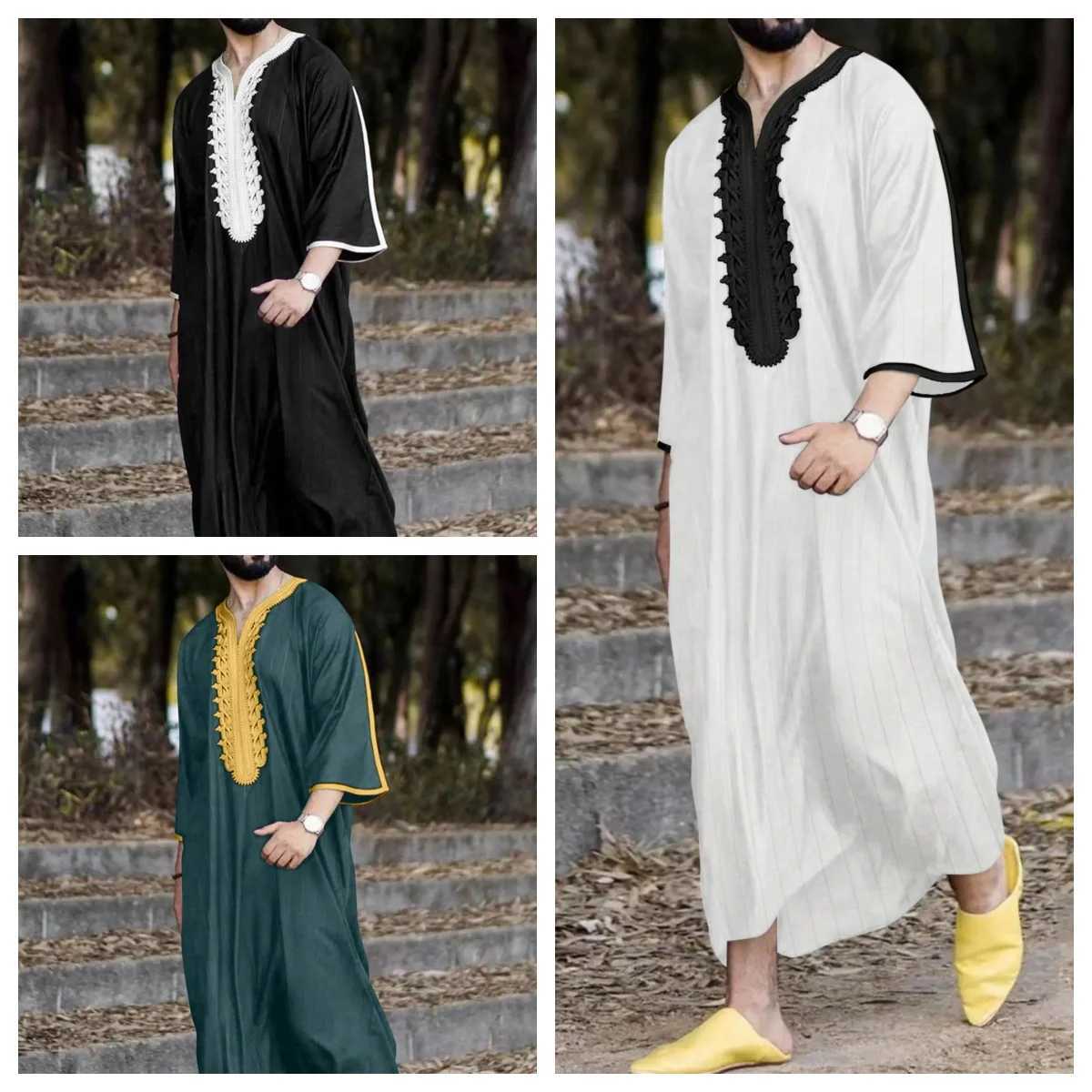 Islam Kaftan Muslim Men Clothing Moroccan Caftan Hand Embroidered Loose and Breathable Djellaba Abaya Thobe for Men Summer 2024XJ250310