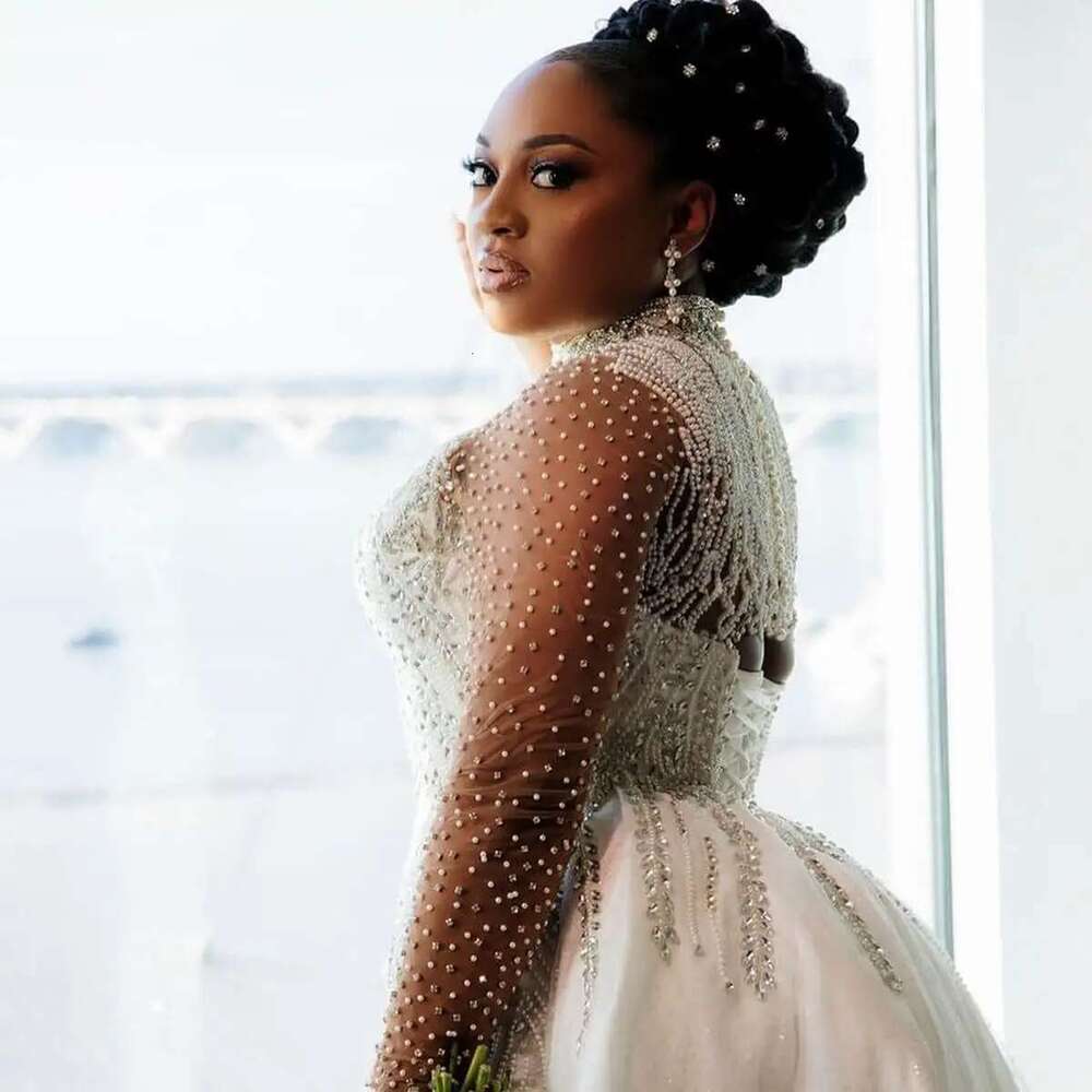 The High Neck Mermaid Dresses Female Plus Size Pearls Full Sleeve Beaded Lace Layered Ruffled Wedding Dress
