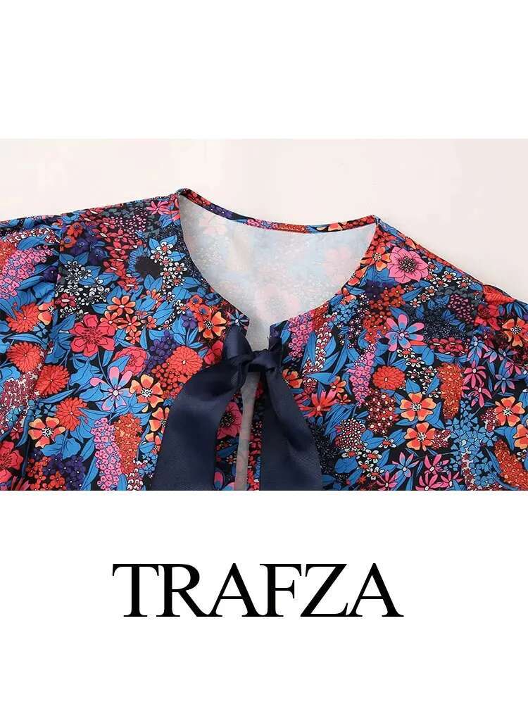 TRAFZA 2024 Summer Fashion Ral Print Pant Sets For Women Short Sleeves O Neck Bow Lace Up Top+High Waist Wide Leg Pants