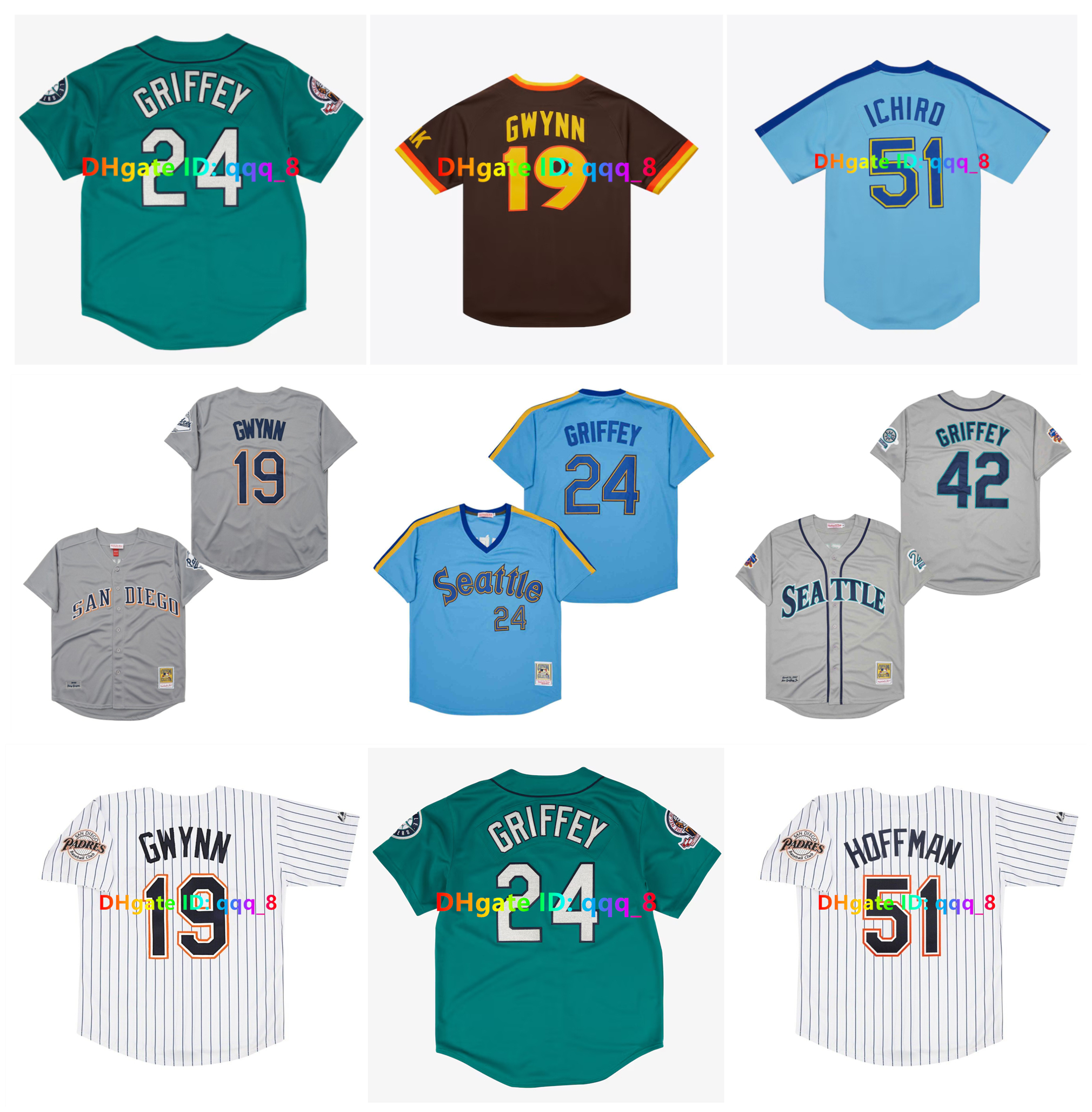 Tony Gwynn Paders Throwback Baseball Jerseys Ken Griffey Jr. Mariners Ichiro Suzuki Trevor Hoffman Edgar Martinez Blue White Green Grey Size S-3XL
