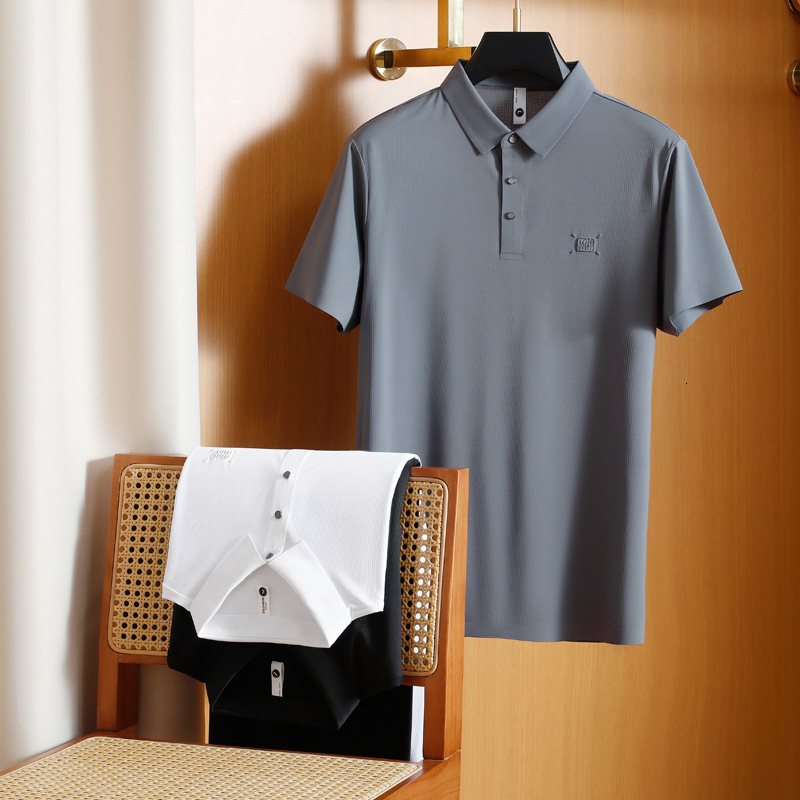 tracksuit Short polo shirt business casual ice silk stretch half sleeved T-shirt for summer plaid men's clothing
