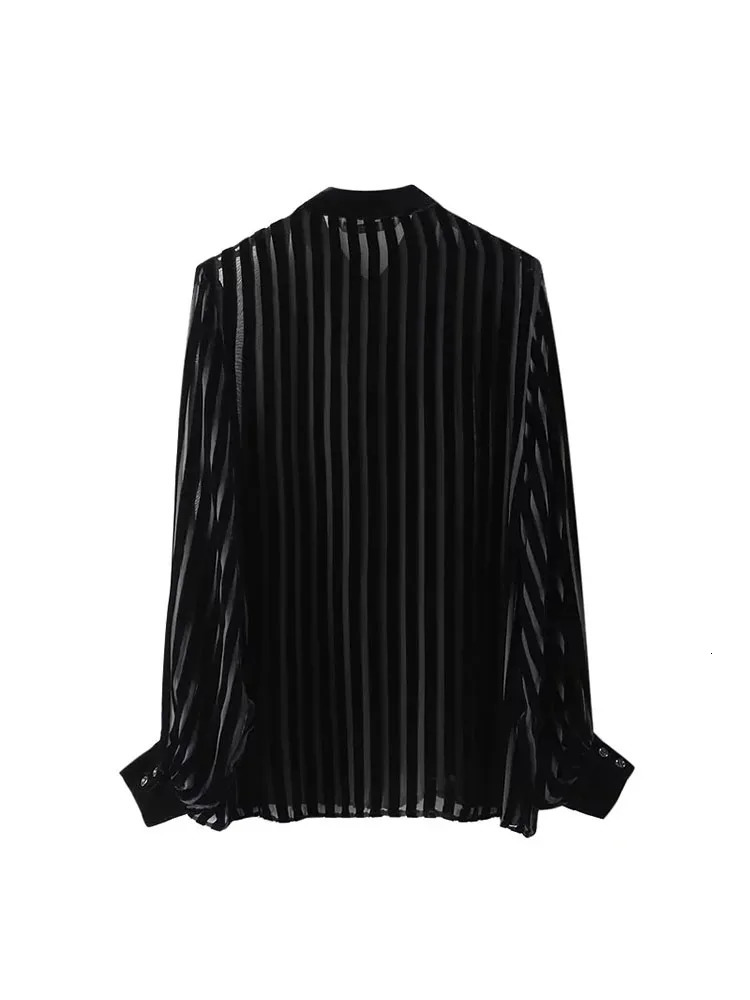 Womens Black Oversize Shirt Striped Velvet Shirts Woman Long Sleeve and Blouses Female Semi Sheer 250311