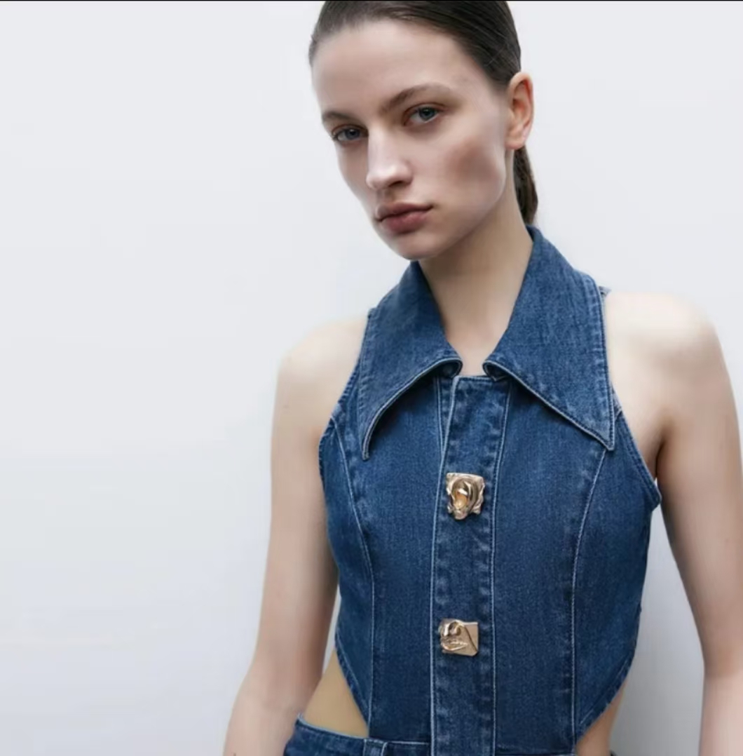 Women's Casual Denim Dresses Fashion Lapel Sleeveless Cut-Out Sides Slit with Big Pockets Women Lapel Hollowed Out Open Waist Waistband Slim Slee