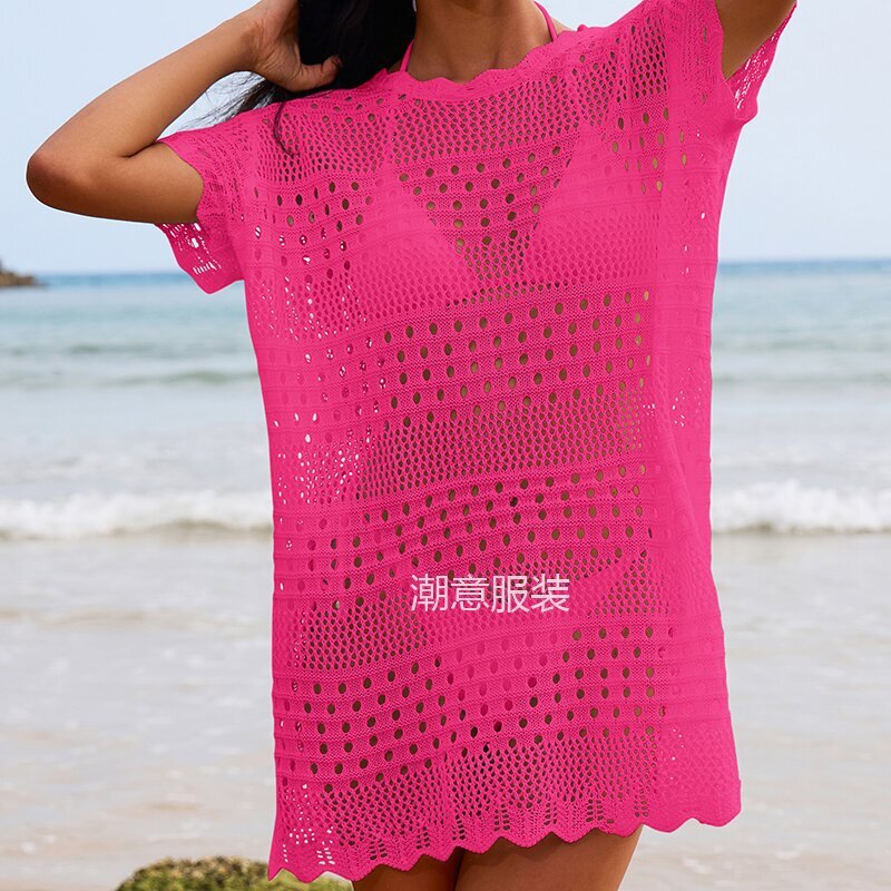 New Sexy Hollow Texture Lace Collar Loose Fitting Pullover Mid Length Vacation Sun Protection Beach Cover