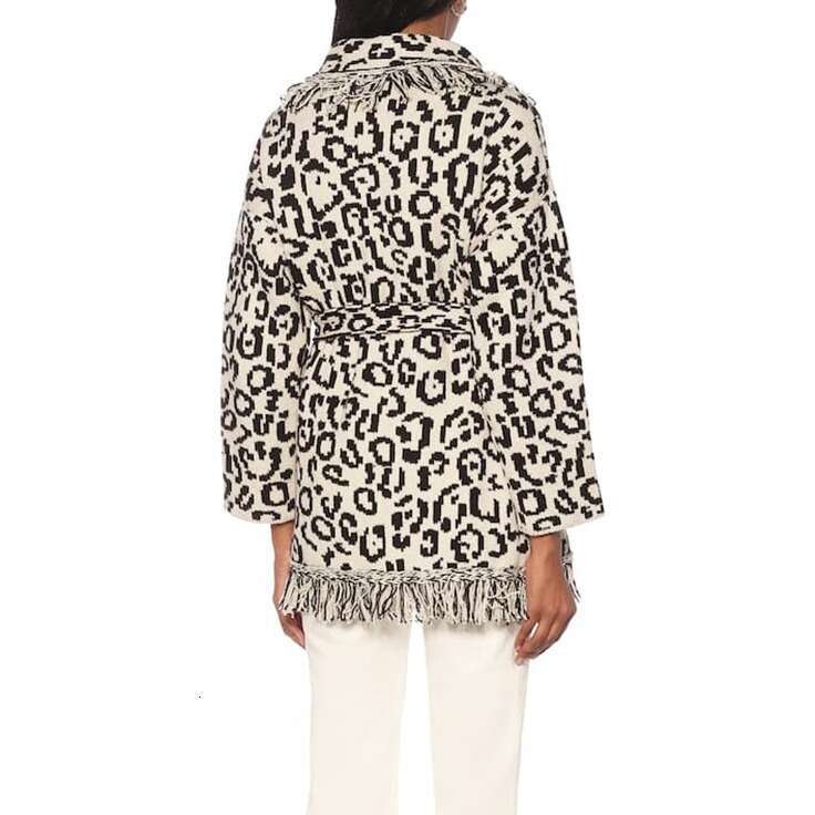 Autumn And Winter Leopard Print Jacquard Cardigan Sweater Wool Blend Loose Tassel Lace Up Knitted Jacket For Women
