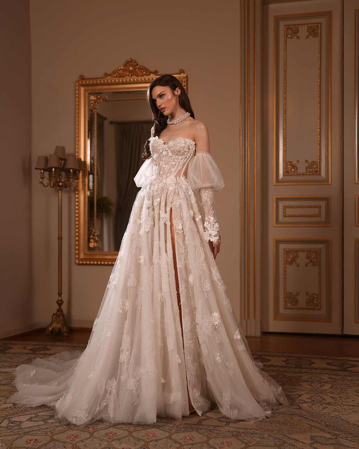 Gorgeous A Line Wedding Dresses With Strapless Lace Appliques Lace Bling Sequins Bridal Gowns Special Occasion Sweep Train Vestido de novia