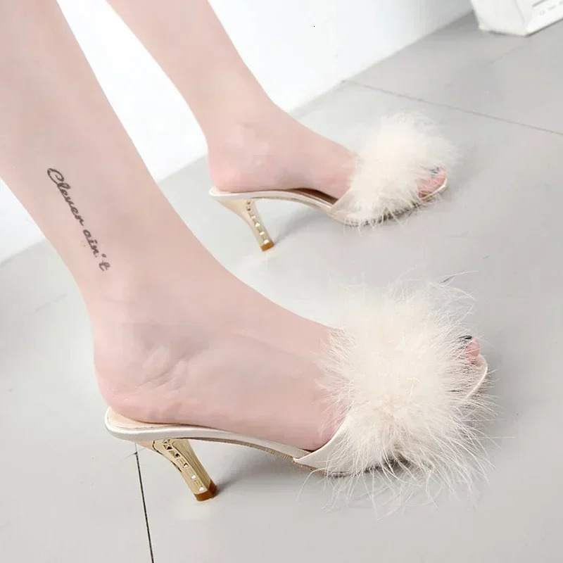 Summer Womens Slippers Stiletto Sandals Party Womens Flip-flops High Heels Furry Mule Shoes 250311