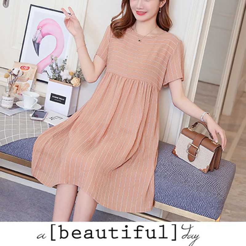 Maternity Spring and Summer Pregnancy Dress Ruffled Short-sleeved Striped Stitching Maternity Clothes Loose Dress for PremamaT250311
