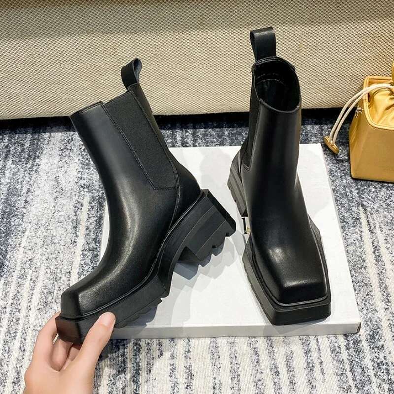 High Heel Genuine Leather Ankle Women Square Toe Short Fashion Chunky Heel Boot High Heeled Designer Platform Boots