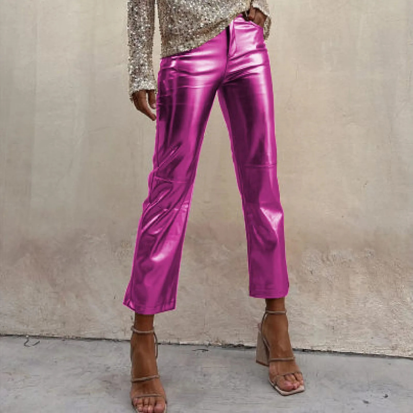 Gold shiny womens pants 2024 fashionable casual PU leather pants solid color ankle pants nightclub womens pants 250305