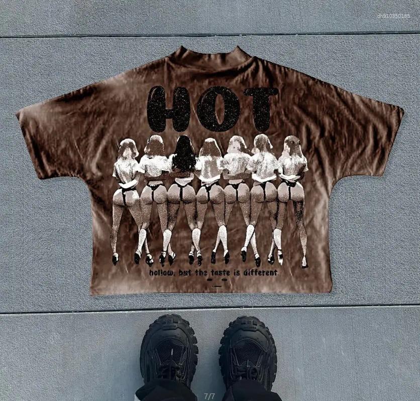 Men's T Shirts Look At The Letter Pattern Printed Brown Short Sleeved T-shirt Street Harajuku Retro Casual Loose Sports On Back