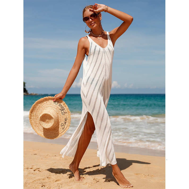 Tourist Vacation Sexy Backless V-Neck Solid Color Breathable Knitted Slit Long Dress Beach Sunscreen Cover