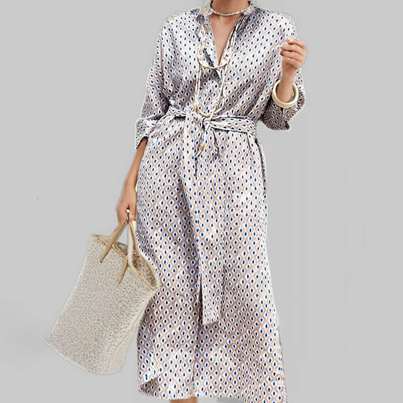 Women's Clothing 2025 Spring Fashion New Striped Cardigan Seven Quarter Sleeve Shirt Collar Dress KLMY