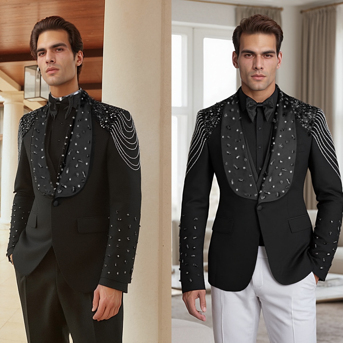 Fashion Wedding Tuxedos Beaded Crystal Men Suit Shawl Lapel 3 Piece Set Jacket Vest Pants Groom Business Blazers Customized