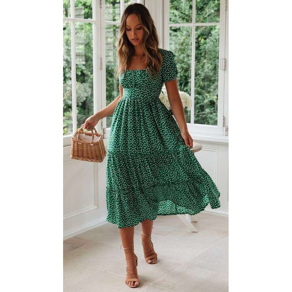 New popular square neck bubble sleeve ral dress from Europe and America, long skirt with versatile temperament for 2025, new trendy clothing ins