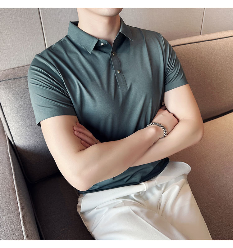 Short sleeved polo shirt business casual, light luxury men's clothing, no iron ice silk trendy T-shirt for men, summer solid color tracksuit