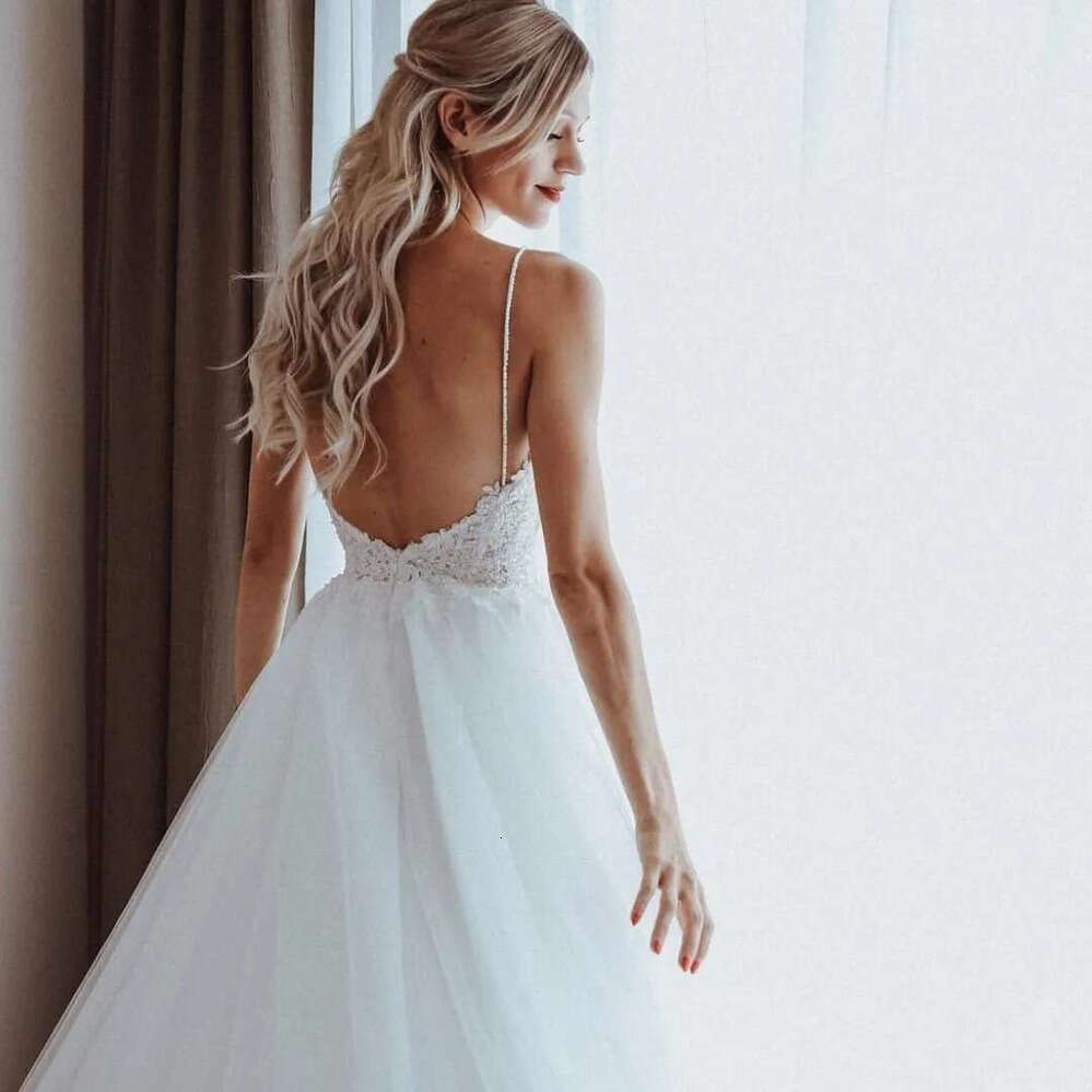 Summer Sexy Backless Wedding Dresses Spaghetti Straps A E Appliques Beads Bridal Gowns Western Garden Boho Robes De Mariage Custom Made BC