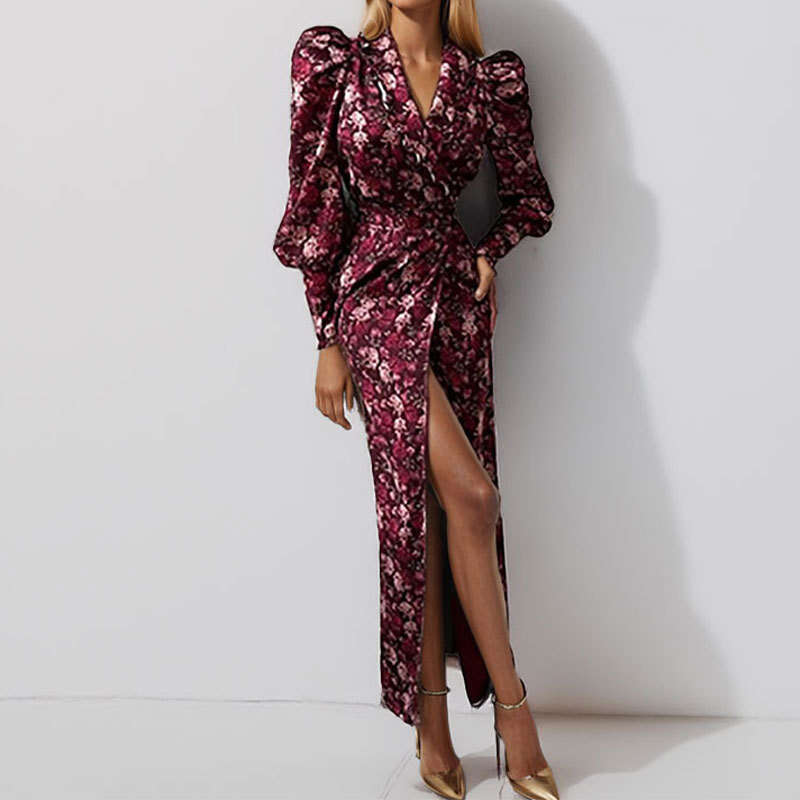 Women's 2025 Printed Waist Cinching V-Neck Slit Sexy Sleeved Dress Long Skirt KLMY