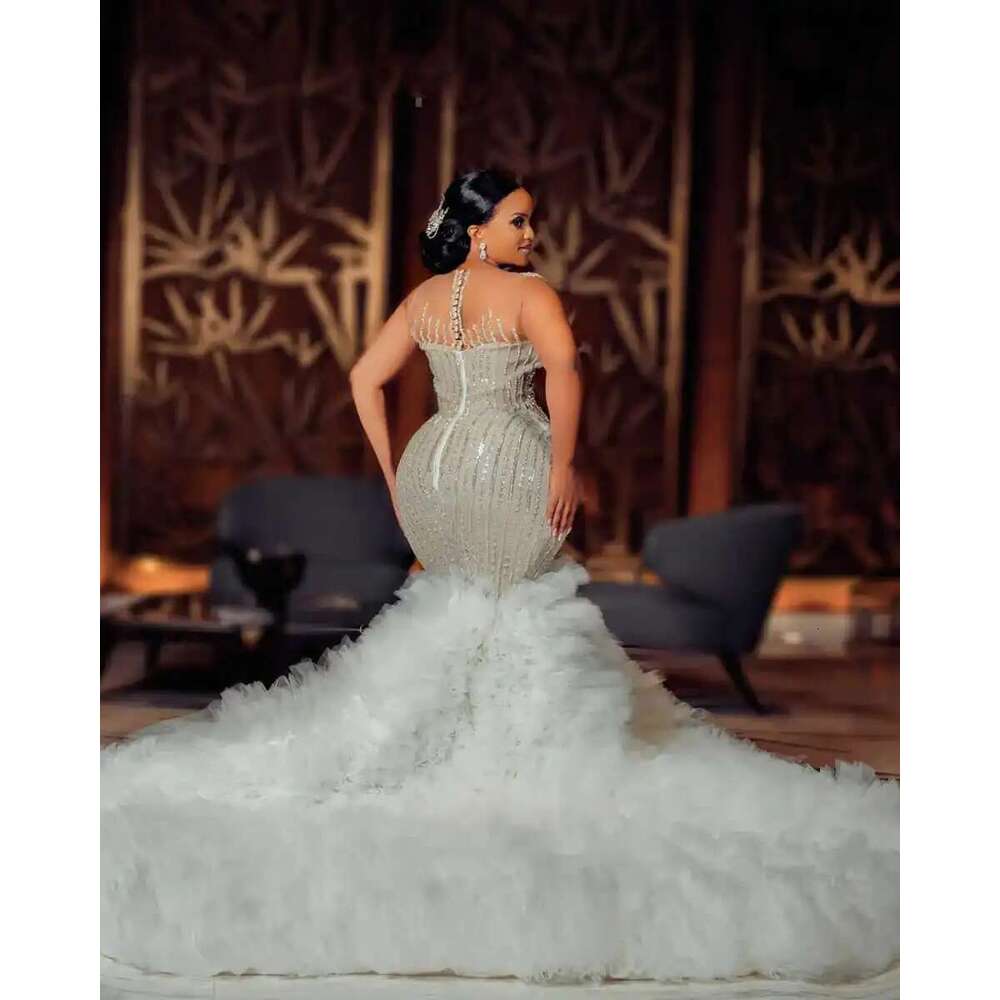 the crystal mermaid female bright beads v neckline dresses plus size ruffles custom wedding dress
