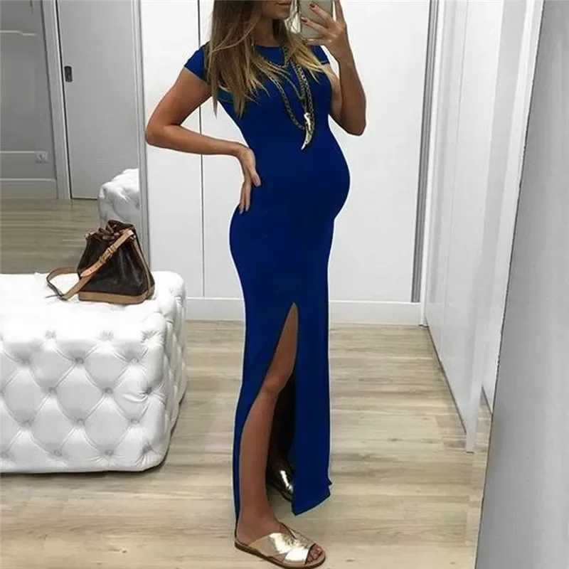 Pregnant Tight Open Long Dress Women Solid O-Neck Short Sleeve Maternity Spring Summer Pregnancy ClothesT250311