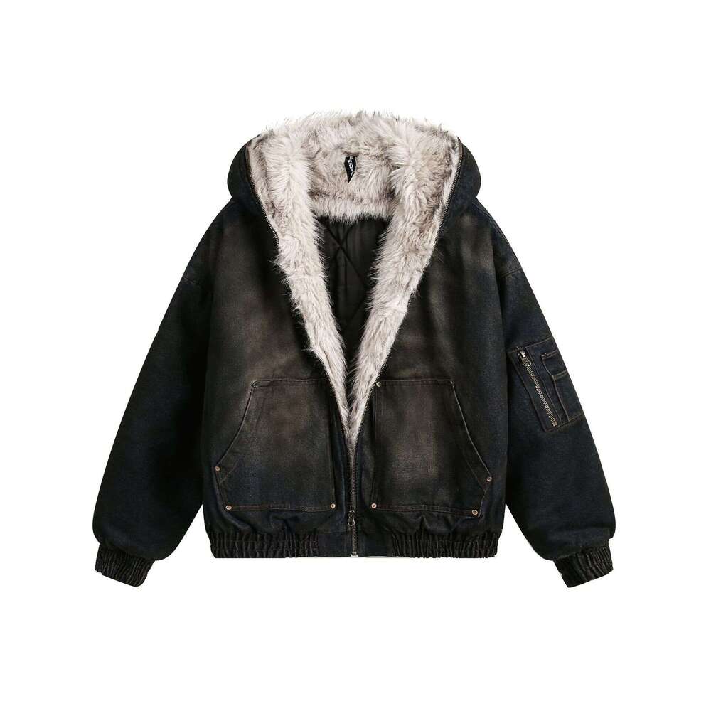 Jiayiku Men's 2024 New Winter Washed Denim With Velvet American Street Waste Soil Style Cotton Coat