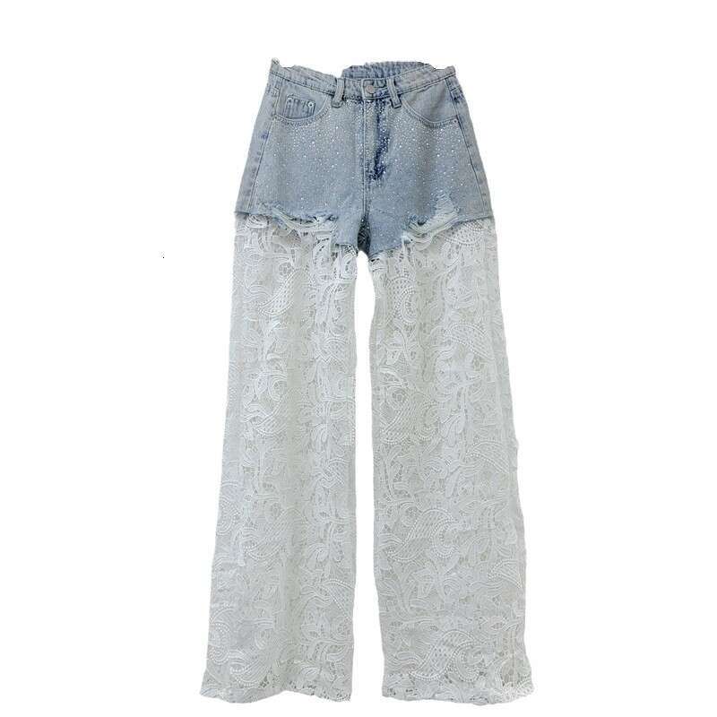 Pink Lace Splicing Heavy-Duty Hot Stamping Wide For Women 2024, With High Waist Slimming Effect, And A High-End Straight Leg Casual Pants