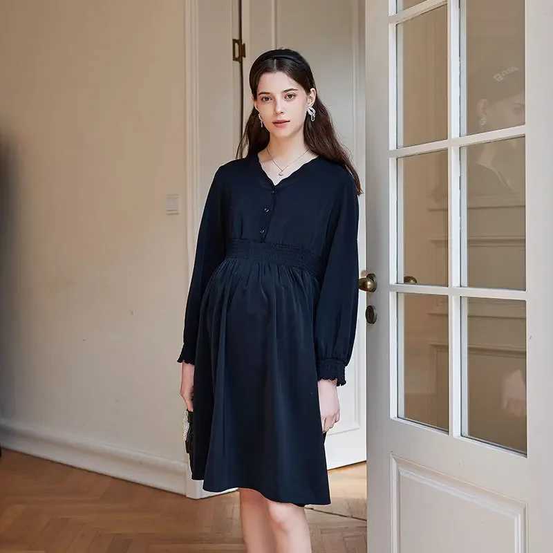 2025 New Solid Summer Women Maternity Clothing Long Sleeve High Waist Ruffle Female Pregnant Breathable Polyester Adult DressesT250311