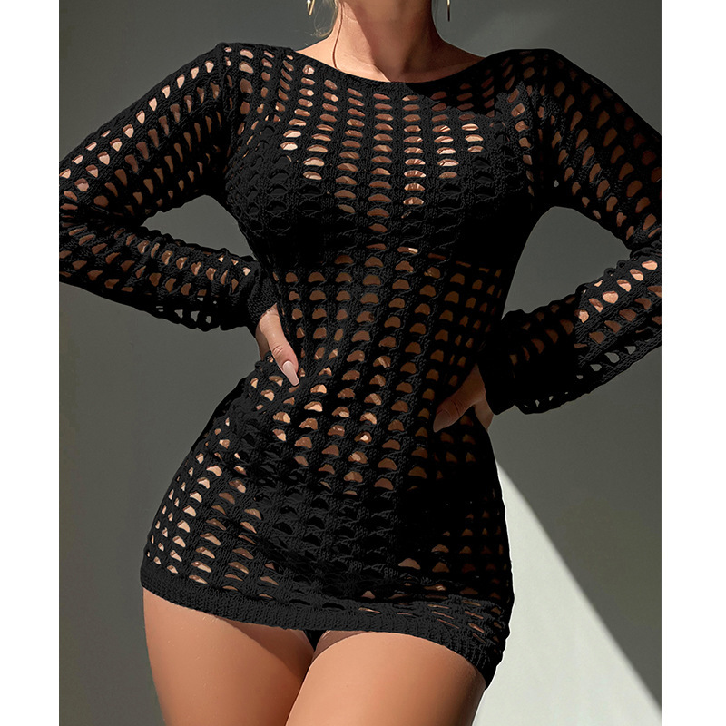 New Sexy Slim Fit Checkered Texture Pullover With Hollowed Out Beach Sun Protection Bikini Cover