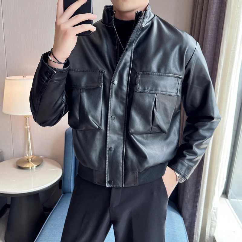 Spring Autumn Stand Collar Black Pu Leather Jackets Men Fashion Motorcycle Biker Coats Male Casual Moto leather Outerwear CoatsT250311