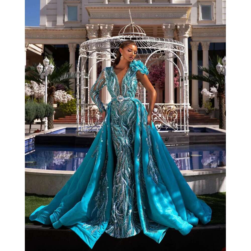 Sequin One Shoulder Dresses Deep V Neck, Mermaid Pearl Prom Detachable evening Party Dress Exquisite Sexy