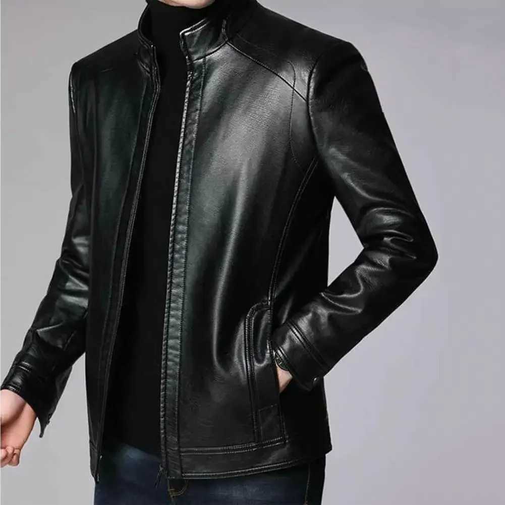 Mens Korean Version Slim Fit Solid Color Coat Standing Collar Autumn and Winter Leather Clothes Imitation Water Leather JacketT250311