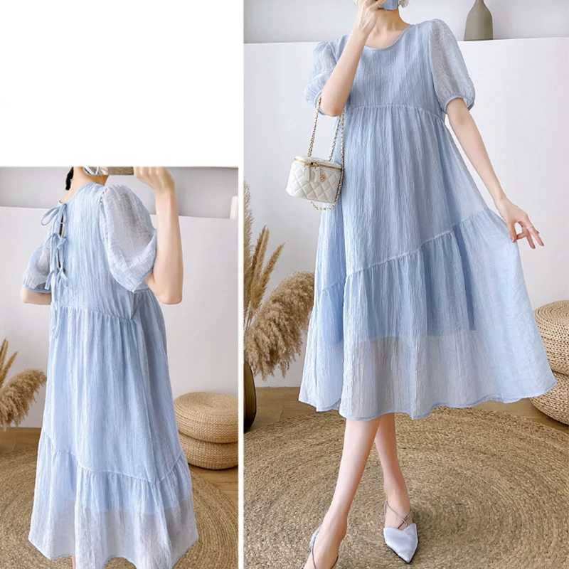 New Maternity Temperament Summer Long Sleeve Pleated Dress Block Color Patchwork Bow Collar Pregnant Woman Chiffon Dress LooseT250311