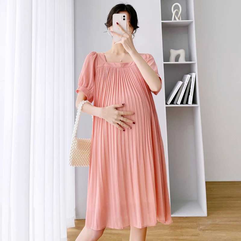 Beige Pink Sunmer Pregnant Woman Pleated Dress Plus Size Maternity Chiffon Dress Mid-Calf Pregnancy Clothes with Belt WholesaleT250311