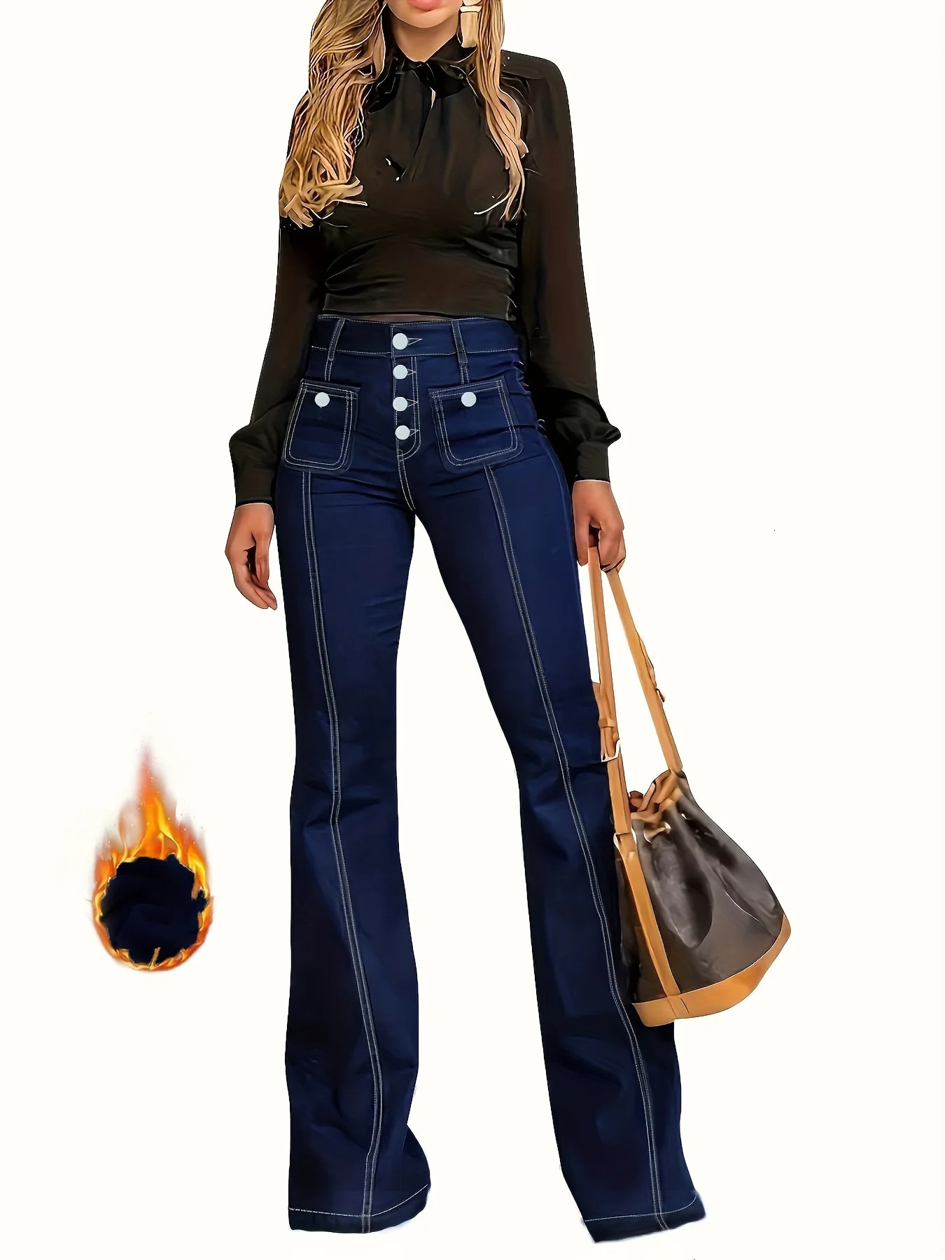 Composite velvet slimming flared jeans multi button placket retro elastic womens 250311