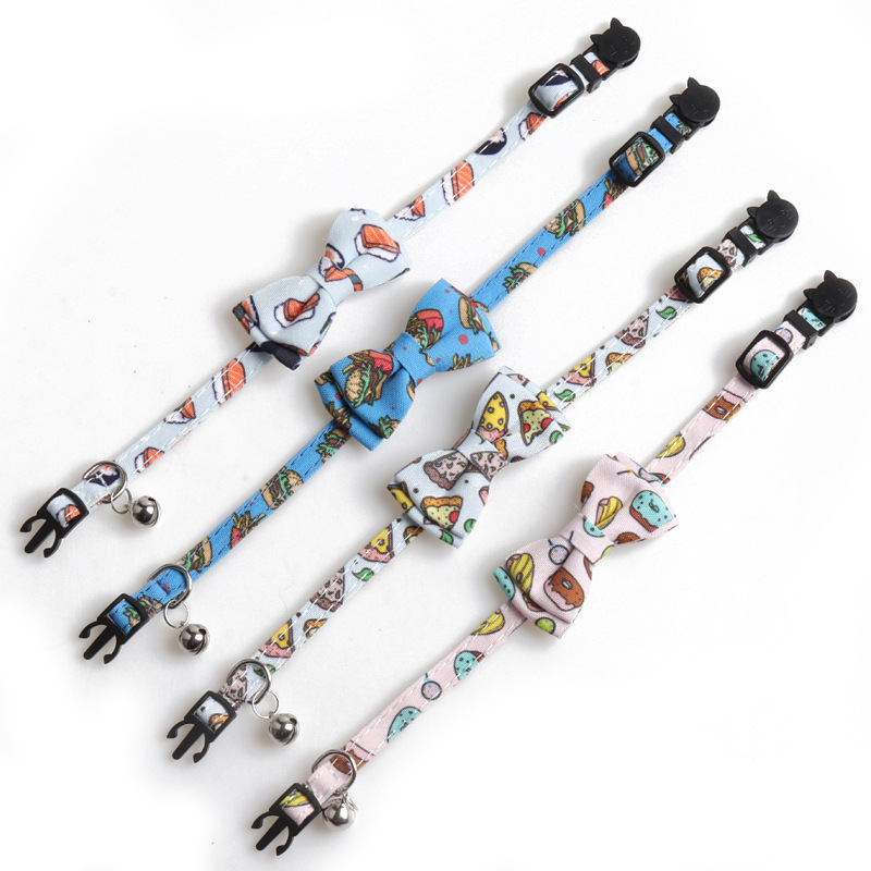 Delicious Food Printing Cat Collars with Bow Tie, Adjustable Cat Tie with Bells Safety Buckle Cute Pet Food Series Collars for Small Dogs and Cats Boy