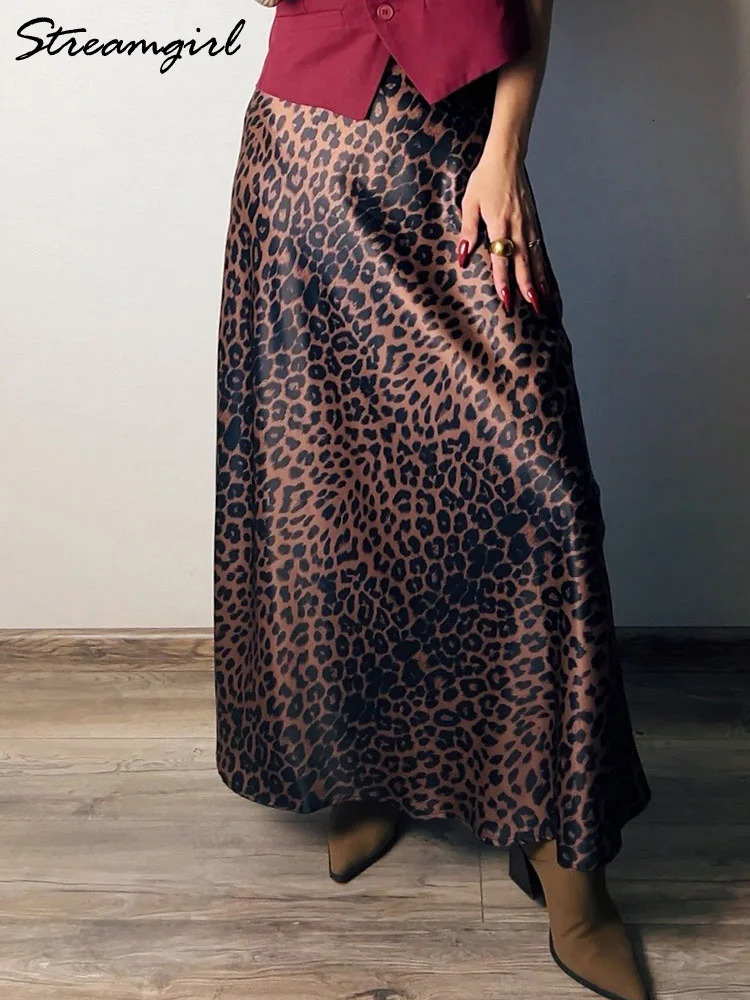 Long Leopard Skirt Women y Satin Skirts Ladies Office Party A Line High Waist Brown For Maxi Spring Summer 250311