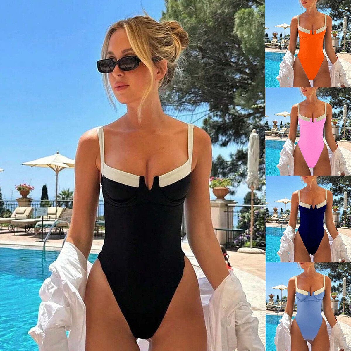 Women's Swimsuit 2025 Designer New Solid Color French Style Swimsuit One-piece Sexy Tight Bikini Swimsuit Black And White Geometric Beachwear Out