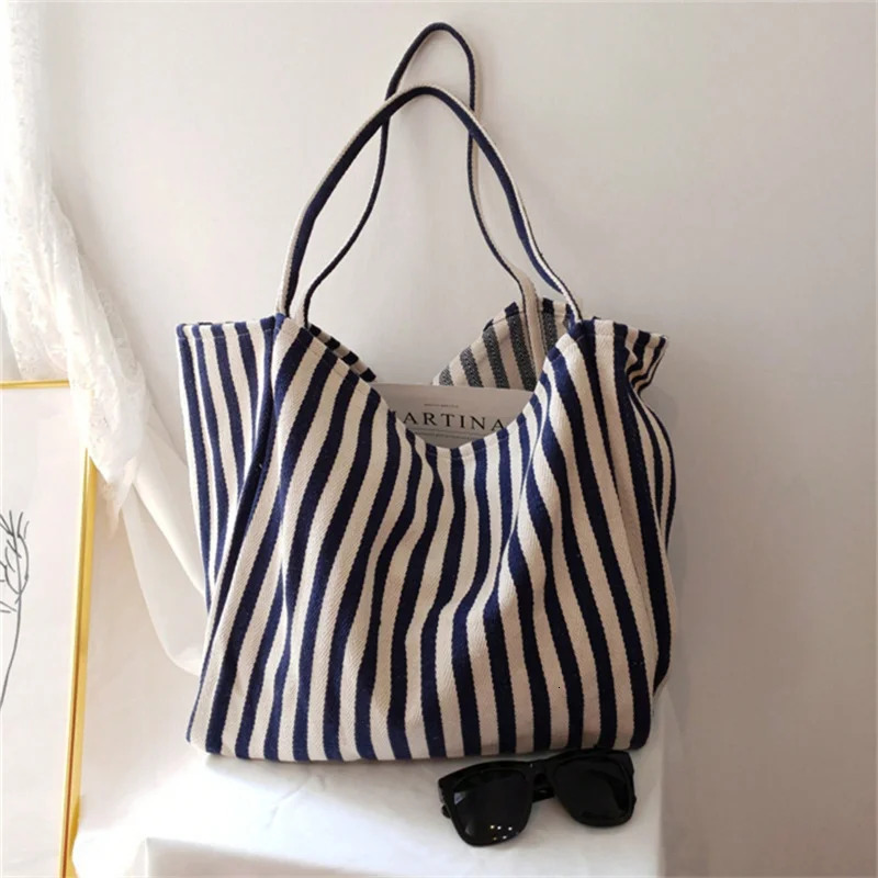 1PC Retro Art Storage Handbag Minimalist Stripe Canvas Bag Large Capacity Multi functional 250311