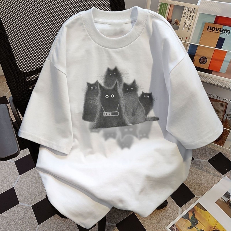 New cotton cat printed short sleeved designer women's T-shirt versatile, niche cute top 25 trendy styles to show off weight1
