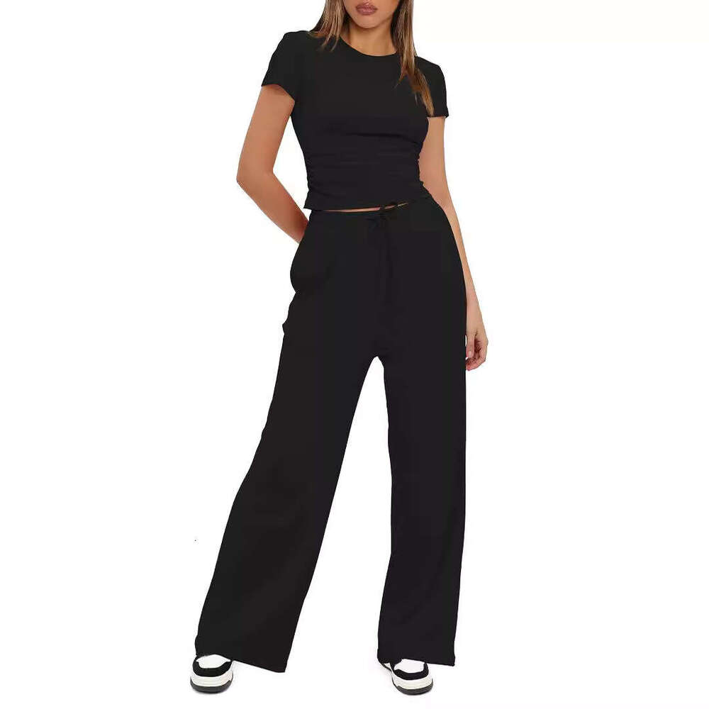 European and American product solid color casual suit pleated short sleeved top high waist wide leg pants sportswear 2025 temperament versatile new tr