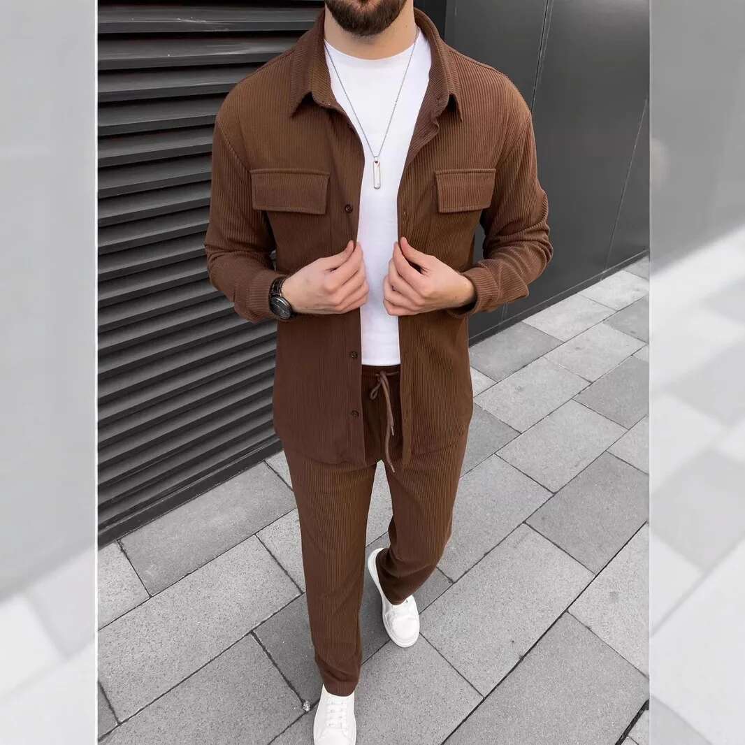 Men Corduroy Two Piece Sets Solid Long Sleeve Lapel Button Slim Coats & Pants Fashion Cargo Casual Trend Streetwear Mens Suits