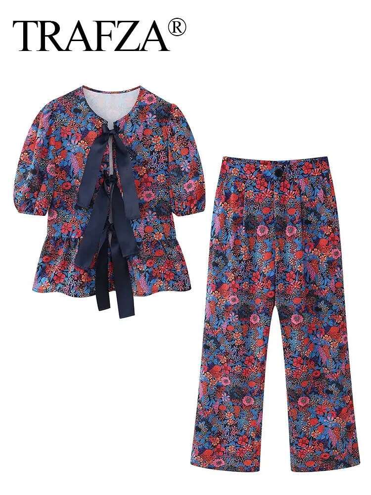TRAFZA 2024 Summer Fashion Ral Print Pant Sets For Women Short Sleeves O Neck Bow Lace Up Top+High Waist Wide Leg Pants