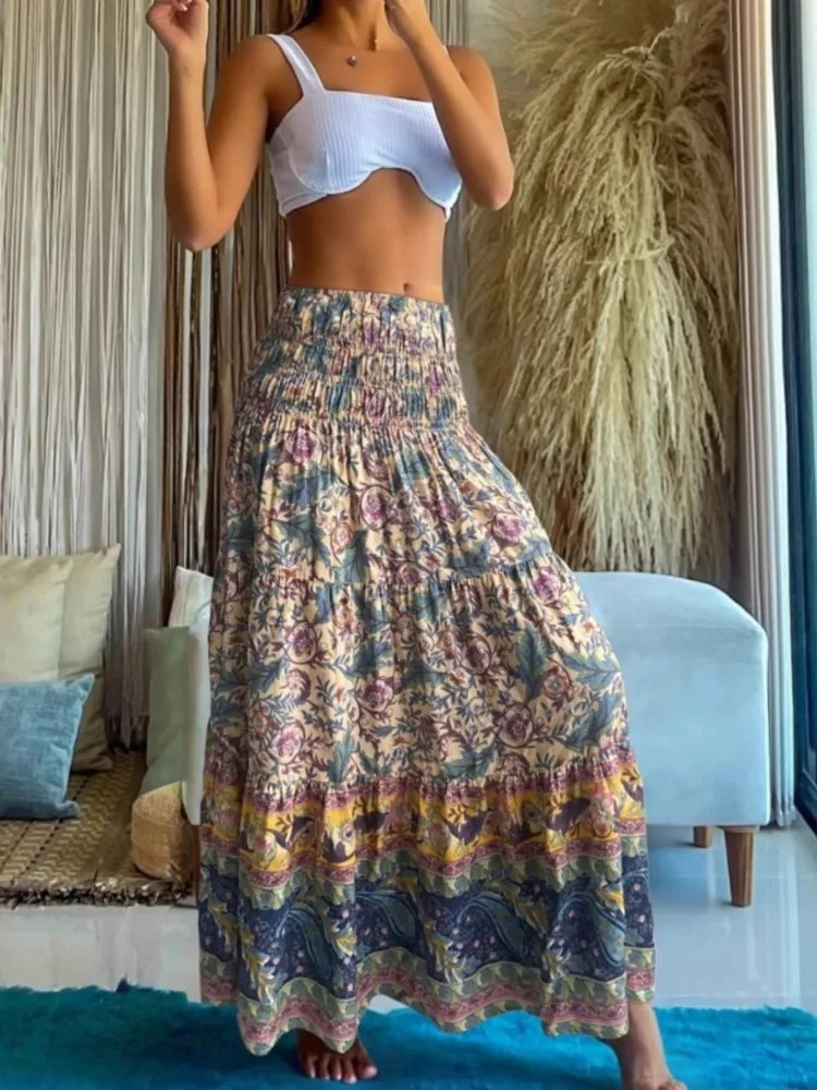 Summer Bohemian printed womens leather elegant high waisted pleated long skirt casual beach style fashionable clothing 250311