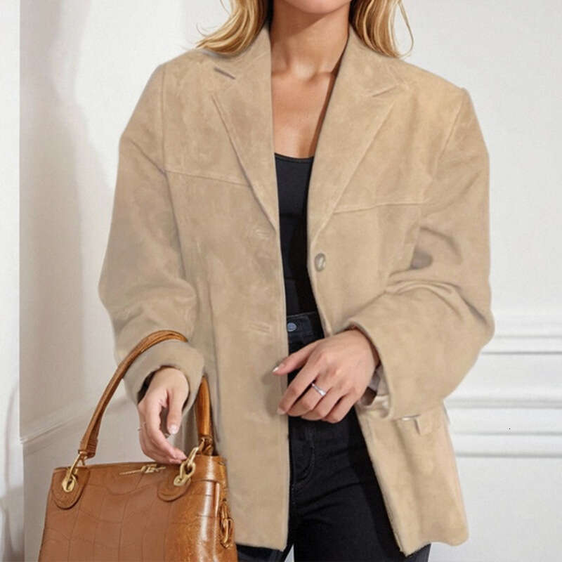 2025 Spring New Women's Clothing Style Brown Loose Pocket Suede Long Sleeve Suit Coat For Women KLMY