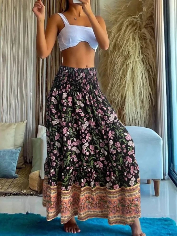 Summer Bohemian printed womens leather elegant high waisted pleated long skirt casual beach style fashionable clothing 250311