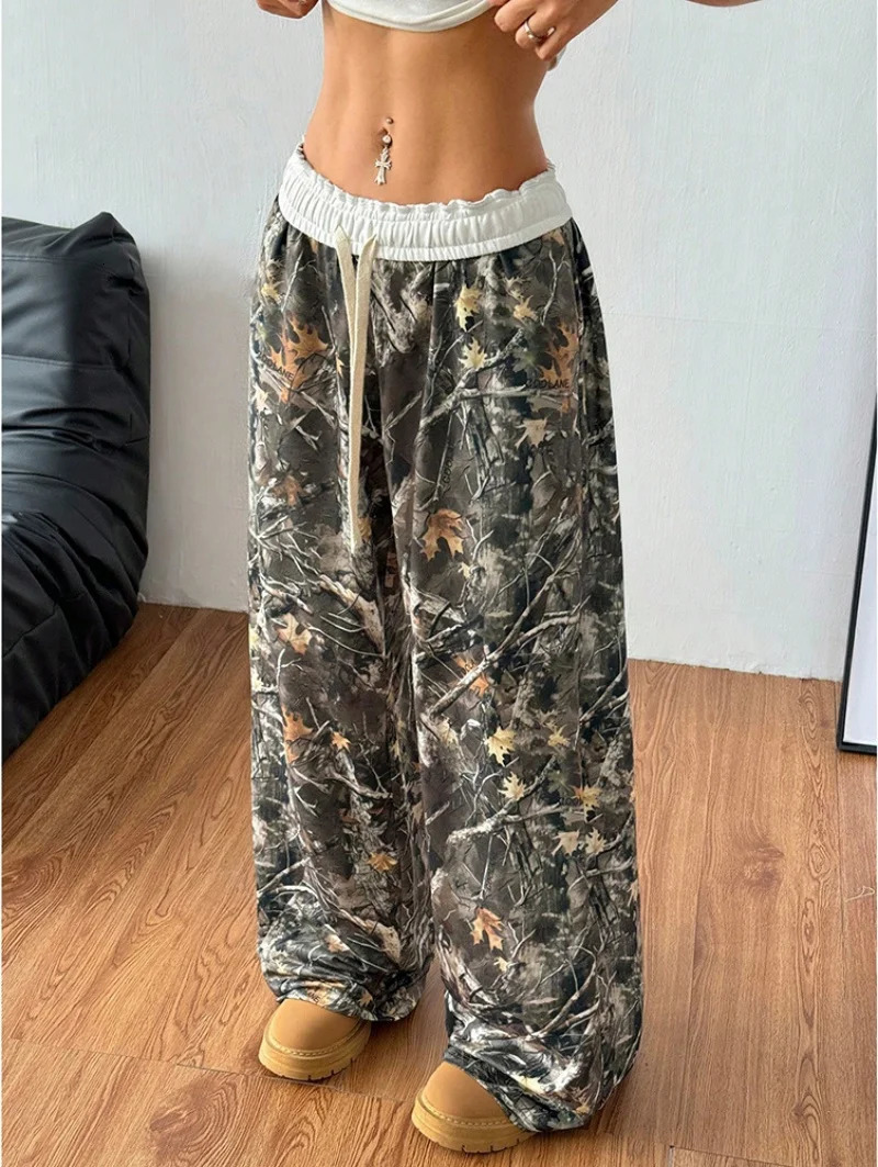Oversized Hip Hop Baggy Pants Fashion Women Drawstring Pocket Branch Camouflage Wide Leg Pant Casual Sweatpant Cargo Trousers 250310