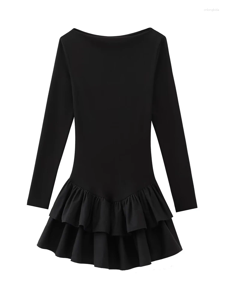 Casual Dresses Women Solid Tierred Mini Elegant O-neck Long Sleeve Slim Ruffles Party Dress Summer Streetwear