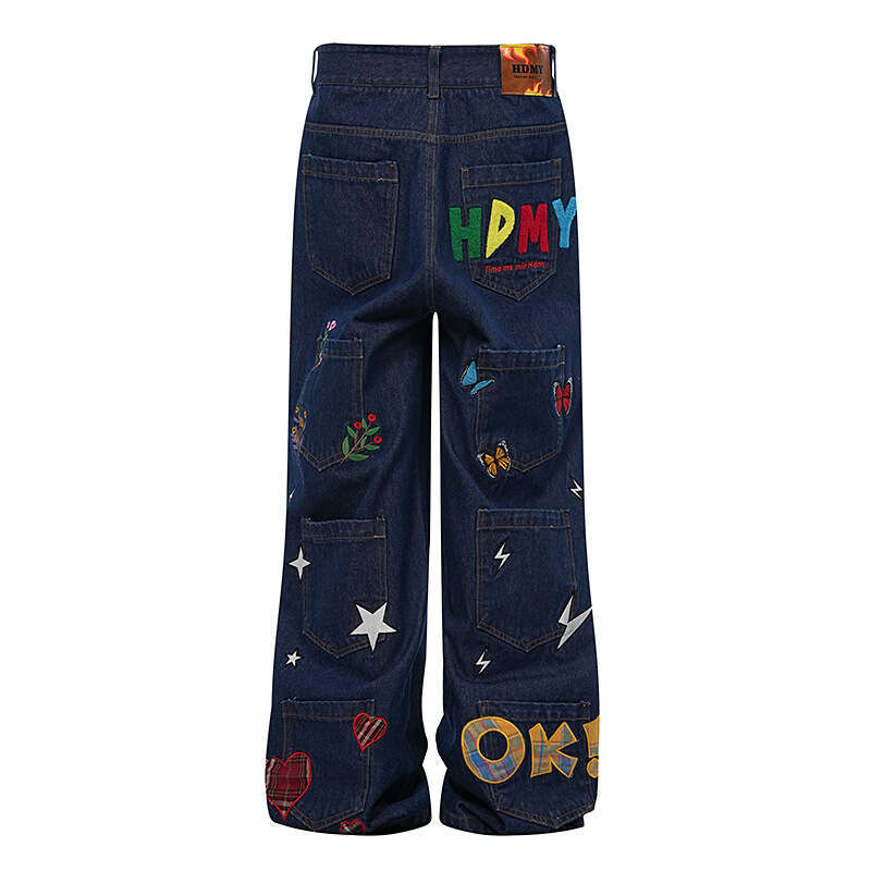 American Style Jeans For Men, Washed With Multiple Pockets, Butterfly Lightning Letter Embroidery, Wide Leg Loose Long Pants