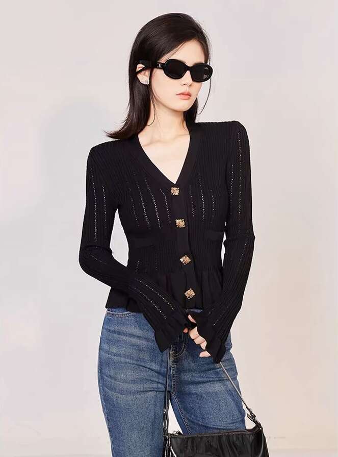 Autumn Diamond Decoration Long Sleeved Cardigan Temperament V-Neck Hollow Waist Knit Top Socialite Ruffle Edge Sweater