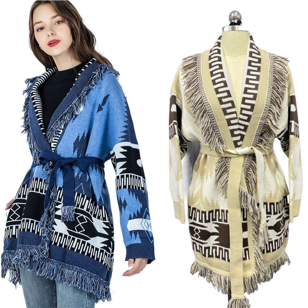 Bohemian Fringe Cardigan In Autumn And Winter, Niche Geometric Pattern, Contrasting Color Jacquard Knitted Jacket For Women